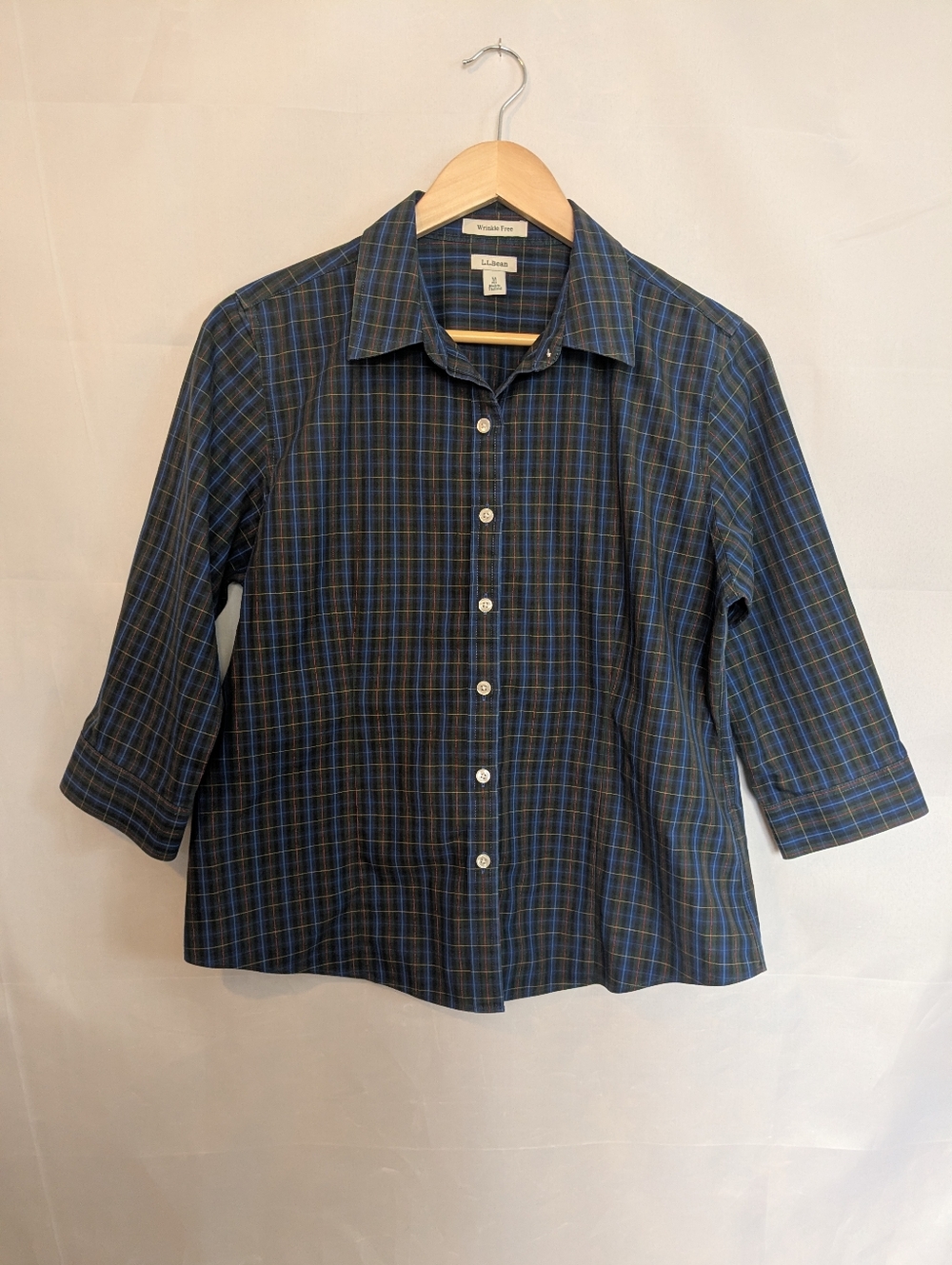L.L. Bean 3/4 Sleeve Button Down Dark Blue Plaid Cotton Fitted M Petite